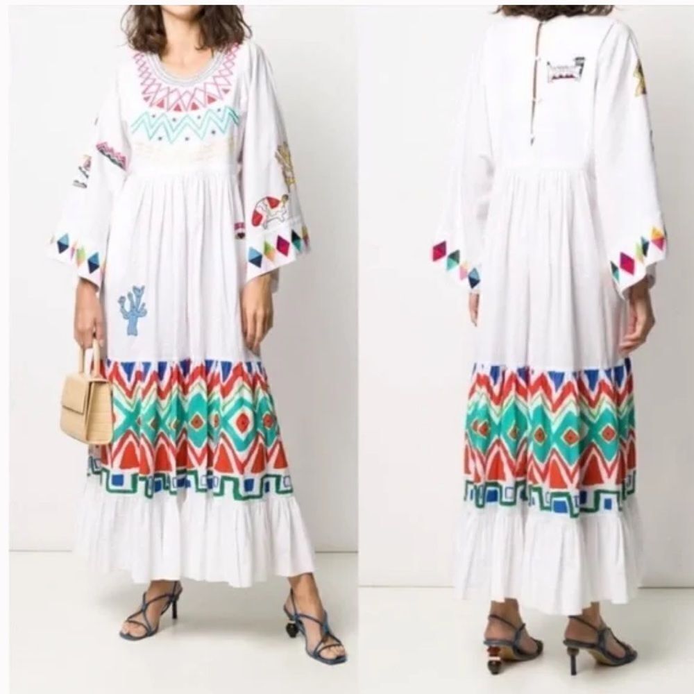 Mira Mikati White Geometric Kimono Sleeve Embroidered Maxi Dress Women's Size 0